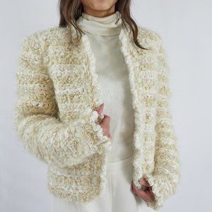 Vintage Estelle Gracer Creme Beige Woven Ecru Jacket Winter Fall Chic collarless